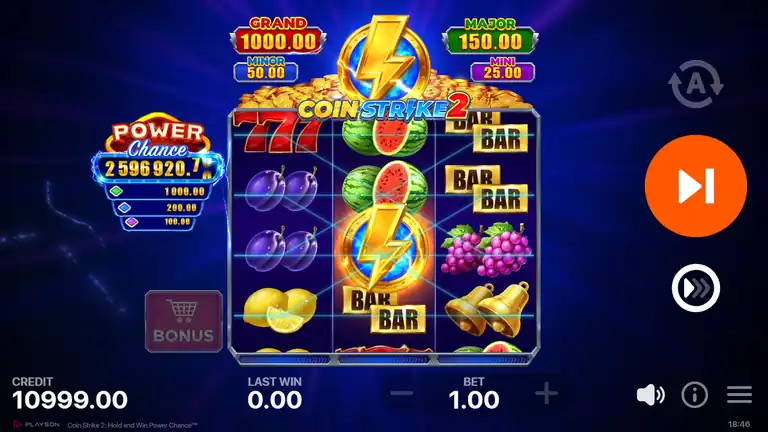Coin Strike 2 session start - credit 10999.00 at bet 1.00, fruit reel base game, spin 1