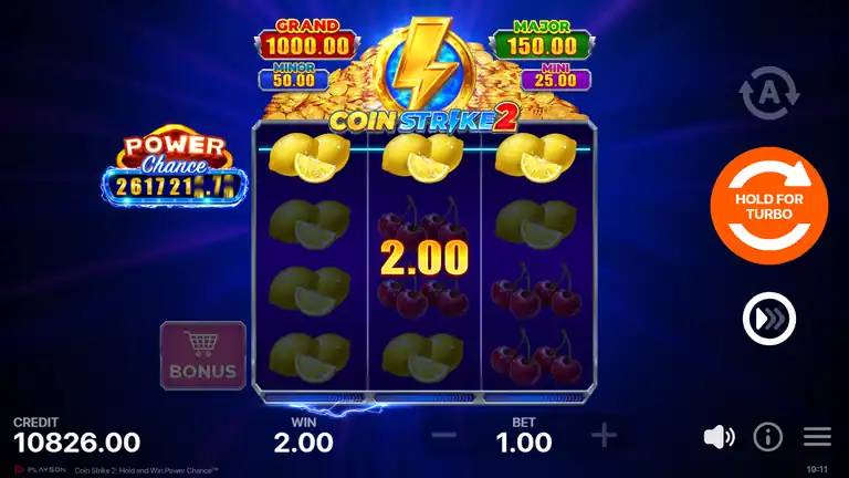 Coin Strike 2 checkpoint spin 448 - credit 10826.00, WIN 2.00, fruit reel base game