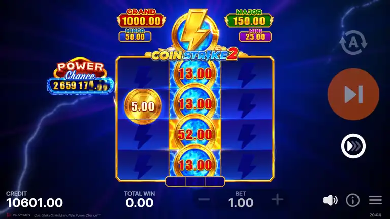 Coin Strike 2 HOLD AND WIN bonus sequence active - 5 coins locked on 3x4 board: reel 1 coin 5x, reel 3 coins 13x 13x 52x 13x, credit 10601.00