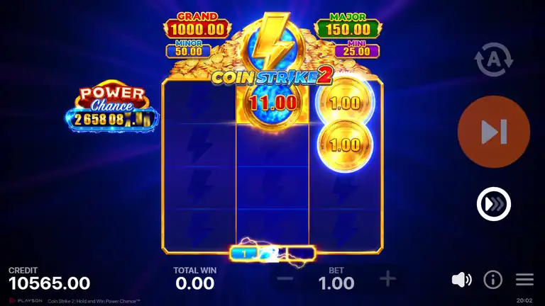 Coin Strike 2 HOLD AND WIN bonus #6 - 3x4 bonus board with multiple Bonus Coins locked, spin 1403, BET 1.00