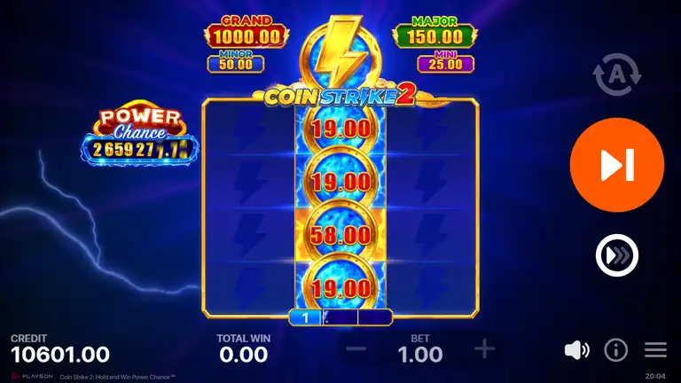 Coin Strike 2 HOLD AND WIN final board state - reel 3 fully filled: 19x 19x 58x 19x coins locked, credit 10601.00, total win 115x