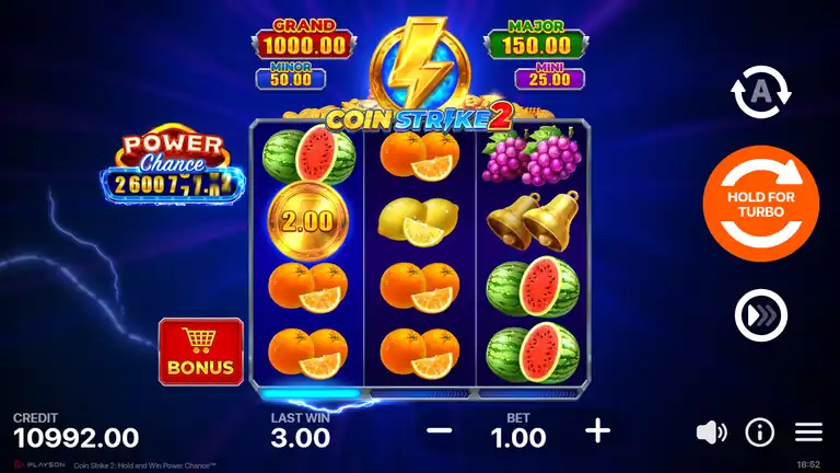 Coin Strike 2 peak area - credit 10992.00, LAST WIN 3.00, base game with bonus coin visible
